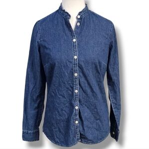 J. CREW | 100% COTTON DENIM RUFFLE NECK BUTTON DOWN BOYFRIEND SHIRT
